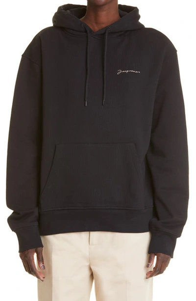Shop Jacquemus Unisex Le Sweatshirt Brode Organic Cotton Hoodie In Black