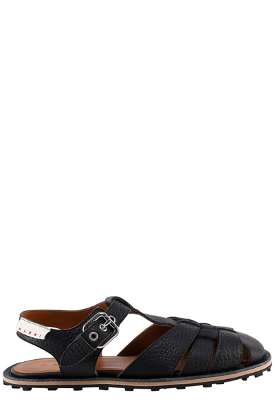 Shop Marni Round Toe Strapped Sandals In Black
