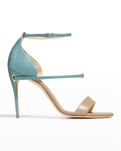 Shop Jennifer Chamandi Rolando Bicolor Napa Ankle-strap Sandals In Taupeblue