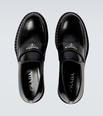 Prada Triangle Logo Brushed Leather Loafers In Black