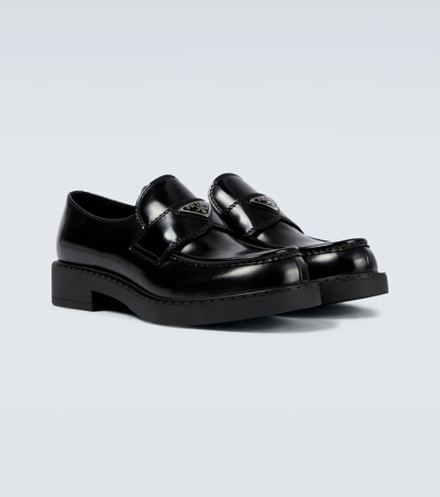 Prada Triangle Logo Brushed Leather Loafers In Black