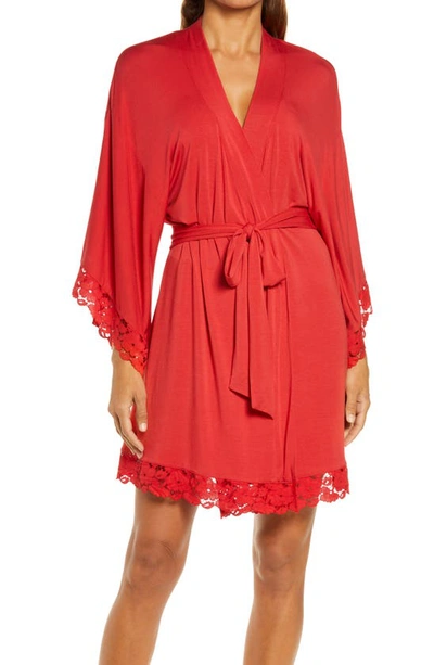 Shop Eberjey Naya Lace Trim Jersey Knit Robe In Haute Red