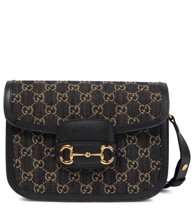 Shop Gucci Horsebit 1955 Denim Jacquard Bag In Blk Ivory/black