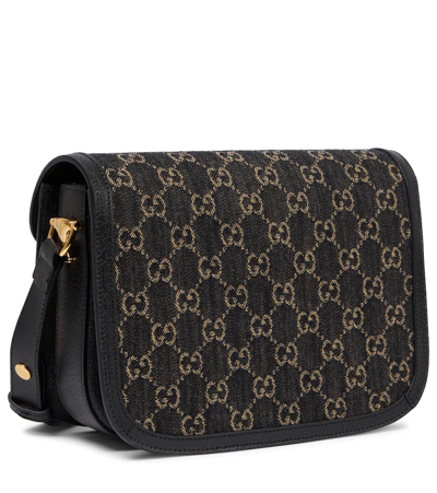 Shop Gucci Horsebit 1955 Denim Jacquard Bag In Blk Ivory/black