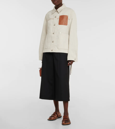 Loewe Asymmetric Leather-trimmed Cotton And Linen-blend Drill Jacket In Ecru
