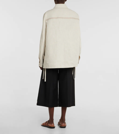 Loewe Asymmetric Leather-trimmed Cotton And Linen-blend Drill Jacket In Ecru