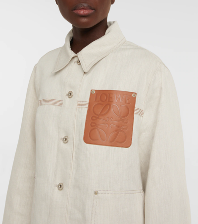 Loewe Asymmetric Leather-trimmed Cotton And Linen-blend Drill Jacket In Ecru