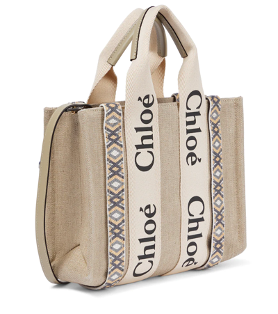 Shop Chloé Woody Small Embroidered Canvas Tote In Slate Green