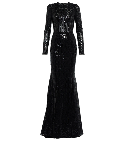 Shop Dolce & Gabbana Sequined Lace Bustier Gown In Nero