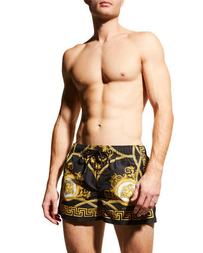 Shop Versace Men's Iconic Swim Shorts In Black-gold