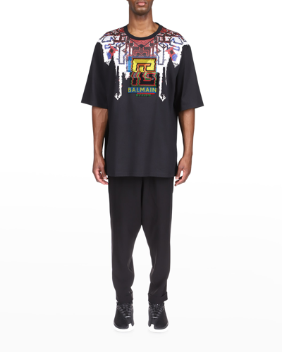 Shop Balmain Men's Textured Tapestry Logo T-shirt In Black Multi