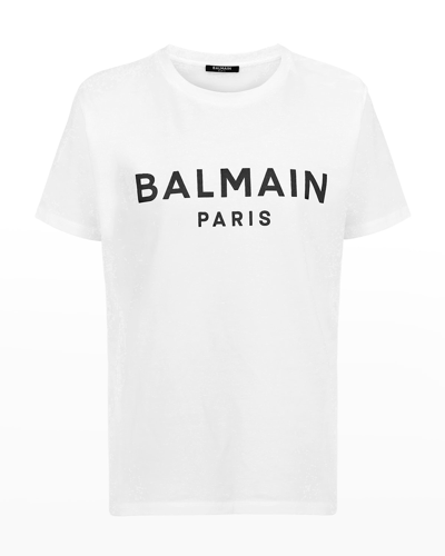 Shop Balmain Men's Flocked-logo T-shirt In White/black