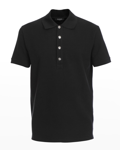 Shop Balmain Men's Monogram Pique Polo Shirt In Black