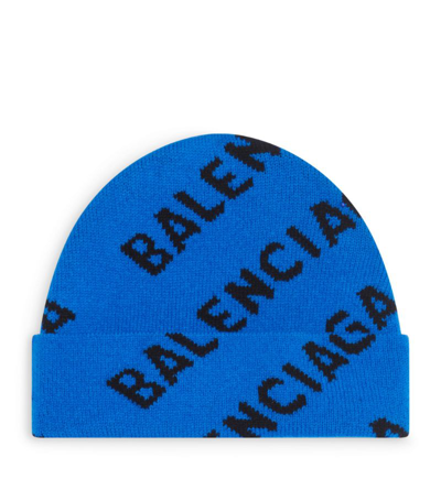 Shop Balenciaga Virgin Wool Logo Beanie In Blue