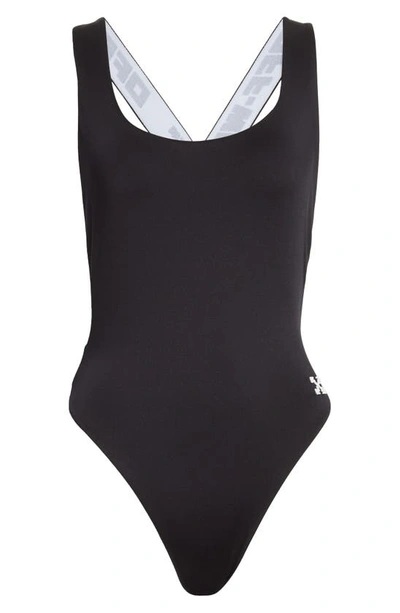 Shop Off-white Logo Band Cross Strap One-piece Swimsuit In Black