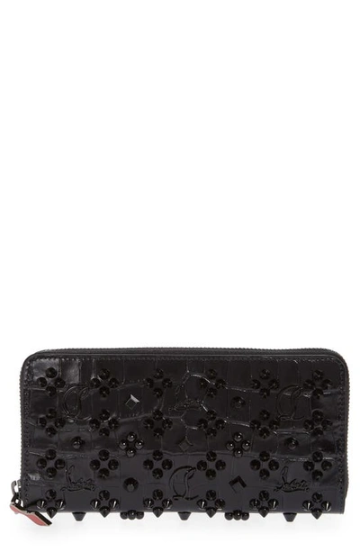 Shop Christian Louboutin Panettone Embellished Croc Embossed Patent Leather Wallet In Black/ Black