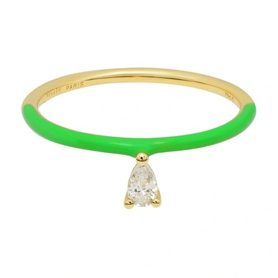 Shop Persée Green Enamel Pear Diamond Ring In Yellow Gold