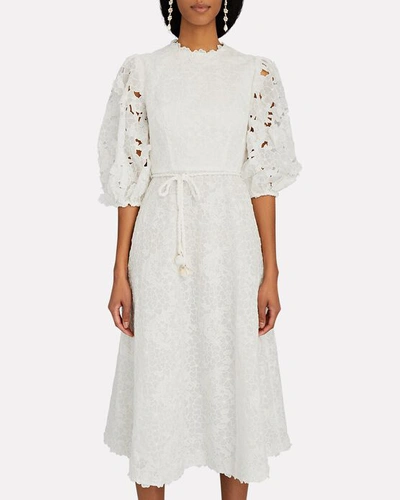 Shop Zimmermann Lola Belted Embroidered Ramie Midi Dress In Ivory
