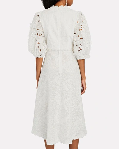 Shop Zimmermann Lola Belted Embroidered Ramie Midi Dress In Ivory