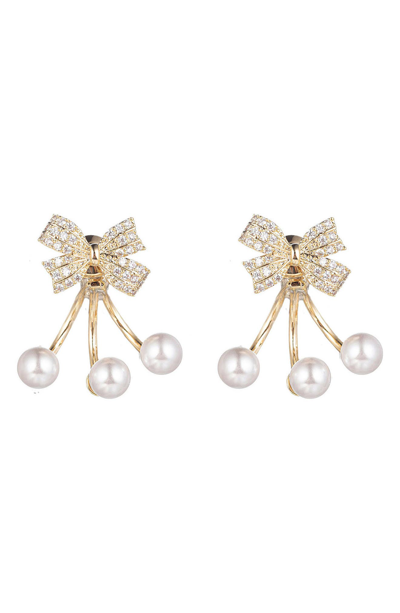 Shop Eye Candy Los Angeles Pavé Cz Bow & Imitation Pearl Jacket Stud Earrings In Gold