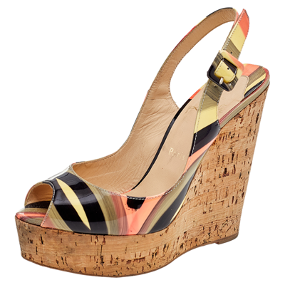 Pre-owned Christian Louboutin Multicolor Patent Leather Une Plume Cork Wedge Slingback Sandals Size 38