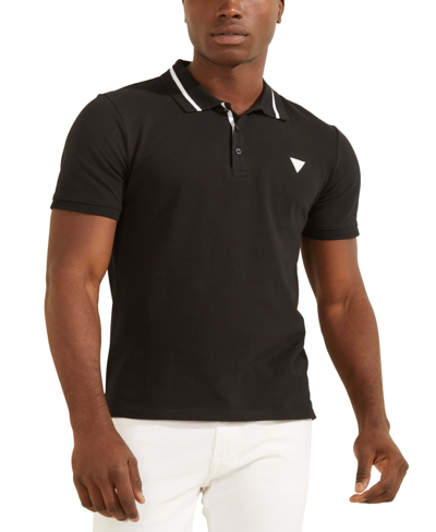 Guess Men's Logo Taped Tipped Collar Polo Shirt In Jet Black | ModeSens