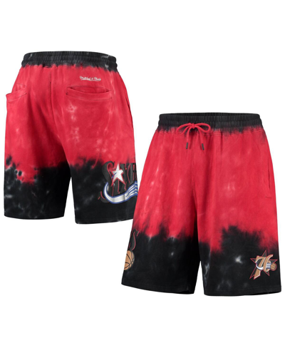 Shop Mitchell & Ness Men's Black And Red Philadelphia 76ers Hardwood Classics Terry Tie-dye Shorts In Black/red