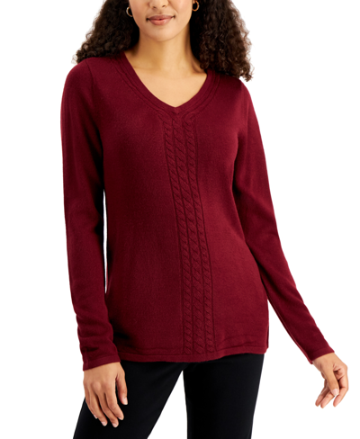 Shop Karen Scott Luxsoft Cable-knit V-neck Sweater, Created For Macy's In  Merlot