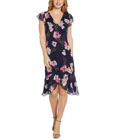 Shop Adrianna Papell Floral-print Ruffled Hem Dress In Midnight Multi