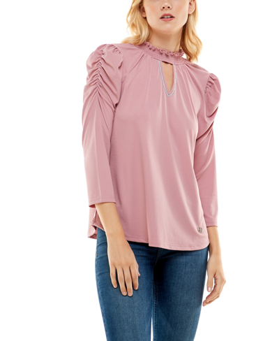 Shop Adrienne Vittadini Women's 3/4 Puff Sleeve With Smocked Neck And Keyhole Top In Lilas