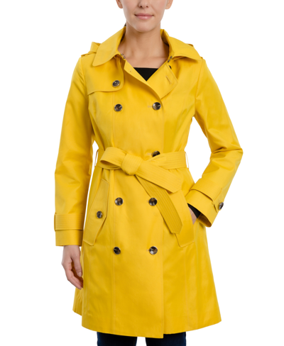 Shop London Fog Women's Hooded Double-breasted Trench Coat In Lemon