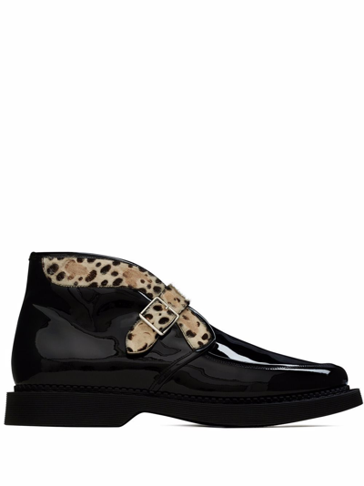 Shop Saint Laurent Teddy Leopard-trim Calfskin Boots In Black