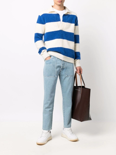Shop Nanushka Striped Knit Polo Shirt In Blue