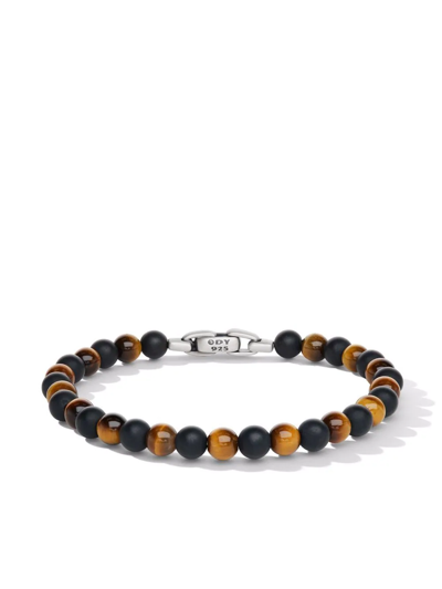 Shop David Yurman Sterling Silver Spiritual Beads Alternating Onyx And Tiger Eye Bracelet In Brown