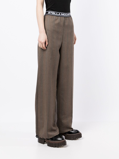 Shop Stella Mccartney Logo-waistband Herringbone Wool Trousers In Brown