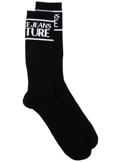 Shop Versace Jeans Couture Intarsia-knit Logo Ankle Socks In Black