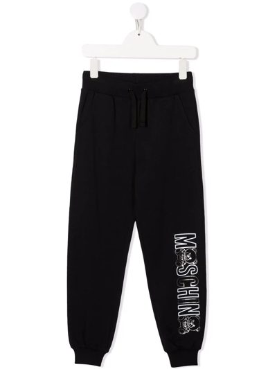 Shop Moschino Teddy Bear Metallic Logo-print Track Pants In Black