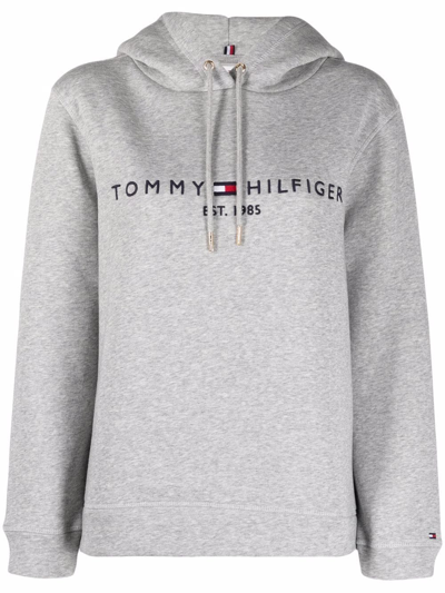Shop Tommy Hilfiger Embroidered-logo Pullover Hoodie In Grey