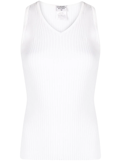 Pre-owned Chanel 1998 Rib-knit Waistcoat In White
