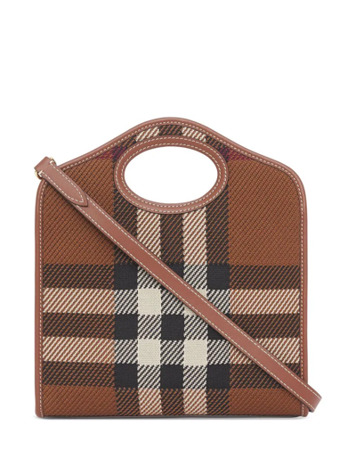 Shop Burberry Mini Knitted Check Pocket Bag In Brown