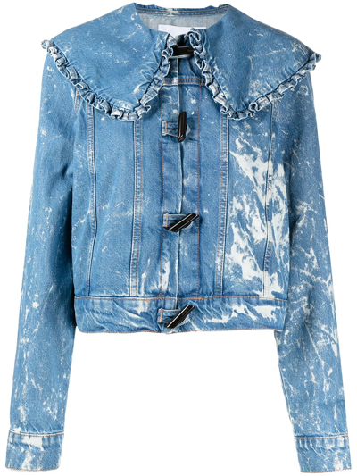 Shop Ganni Bleach Denim Ruffle-collar Jacket In Blue