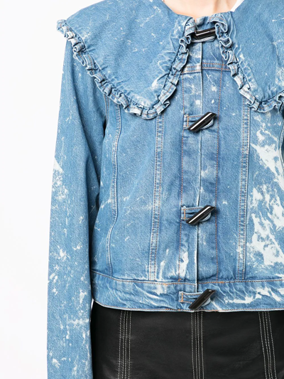 Shop Ganni Bleach Denim Ruffle-collar Jacket In Blue