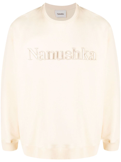 Shop Nanushka Logo-embroidered Crew Neck Jumper In Neutrals