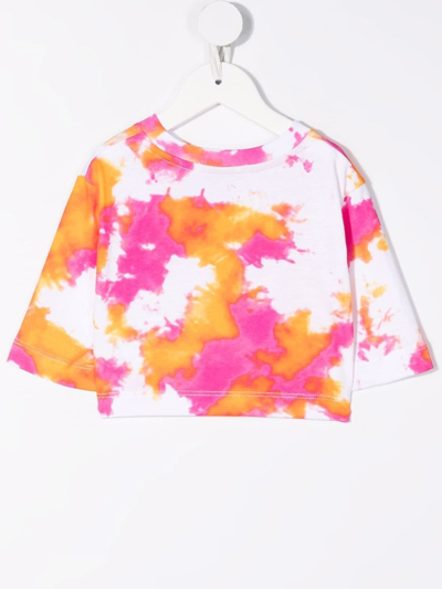 Msgm Kids White T-shirt With Logo And Tie Dye Print In White