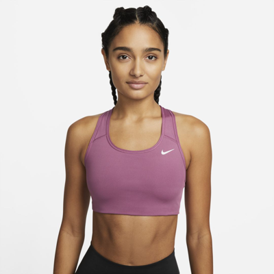 Shop Nike Dri-fit Swoosh Women's Medium-support Non-padded Sports Bra In Light Bordeaux,white
