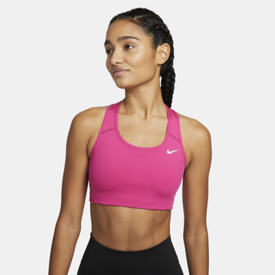 Shop Nike Dri-fit Swoosh Women's Medium-support Non-padded Sports Bra In Active Pink,white