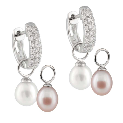 Shop Bella Pearl Night And Day Customizable Huggie Earrings Esr-77wp In Pink,white