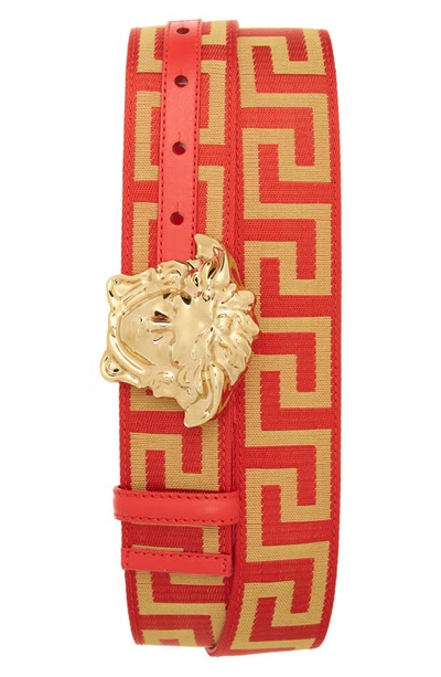 Shop Versace First Line La Medusa La Greca Web Belt In Red/ Gold