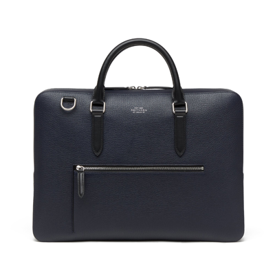 Shop Smythson Slim Briefcase With Zip Front In Ludlow In Navy