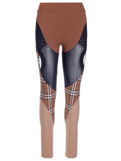 Shop Burberry Check Panel Stretch Jersey Leggings In Brown